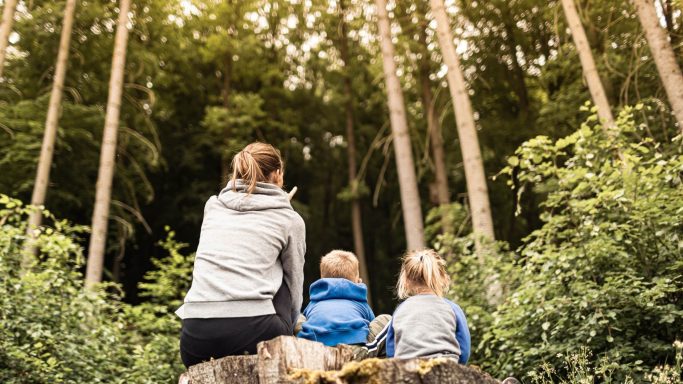 Frau sitzt mit zwei Kindern im Wald auf einem Baumstumpf und blickt auf die Bäume.